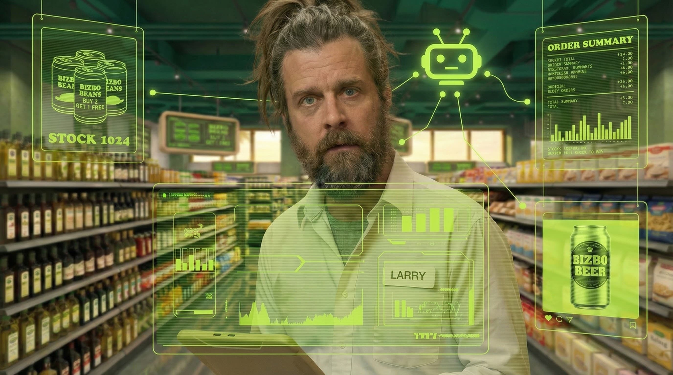 Larry in grocery store with augmented reality overlays