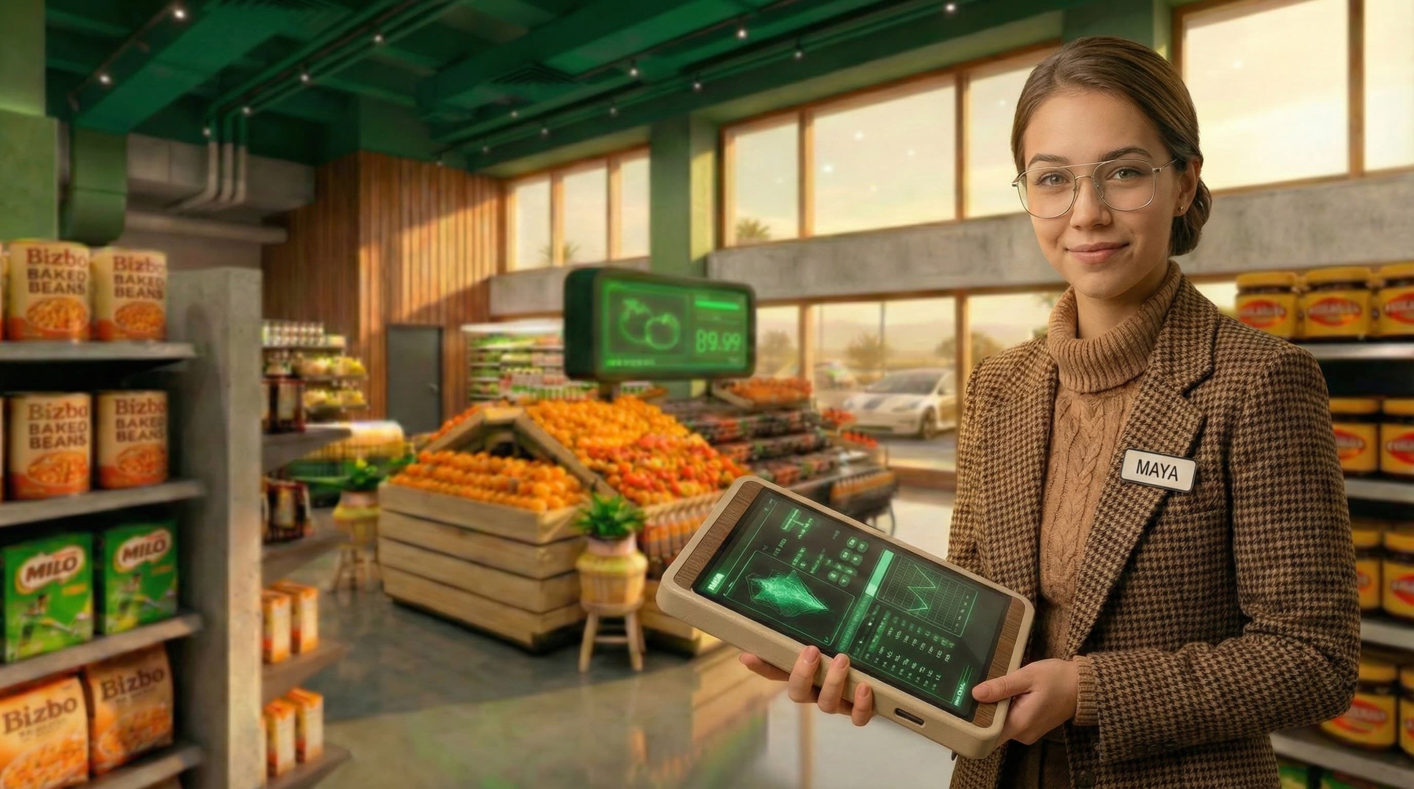Maya holding tablet in modern grocery store