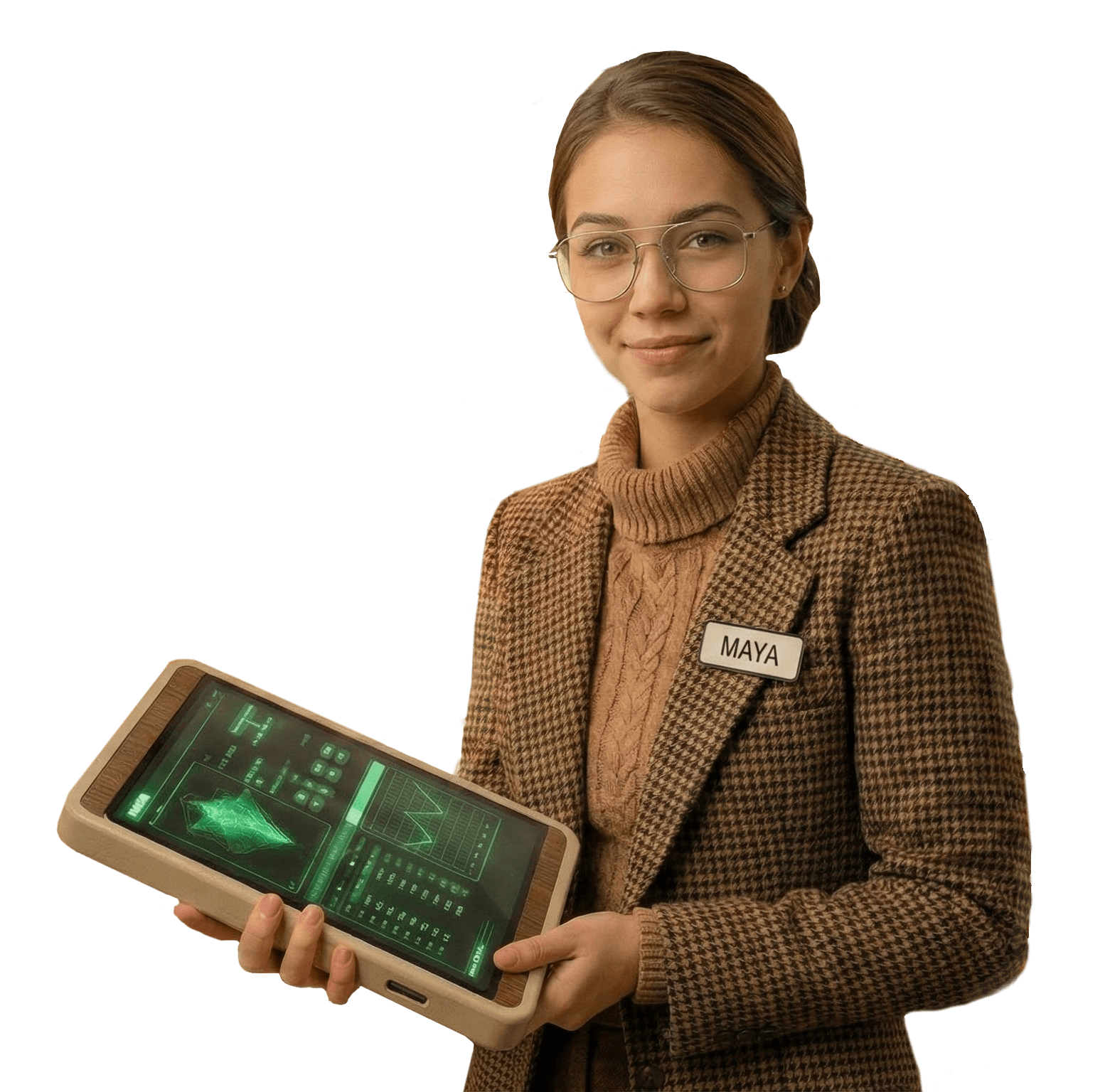 Maya with computer in hand