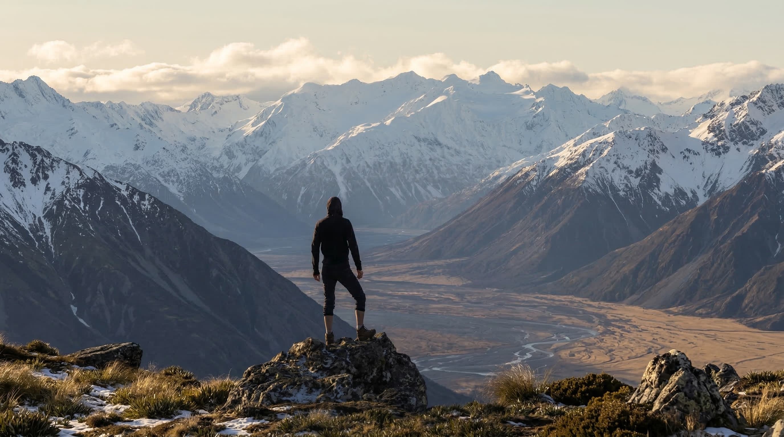 A climber on a peak above a braided river valley, the hero image from the Integrity Sales Group site