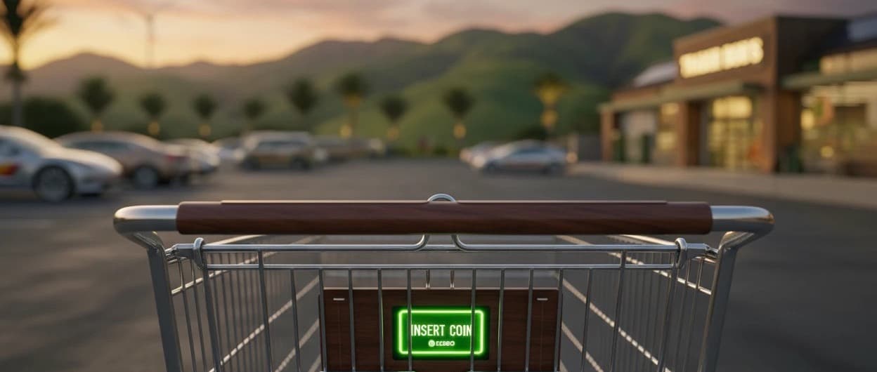 Shopping trolley with a glowing Insert Coin sign outside a supermarket