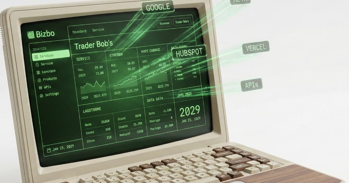 Retro laptop showing a Trader Bob's dashboard with Google, Meta, HubSpot, Vercel and APIs streaming in